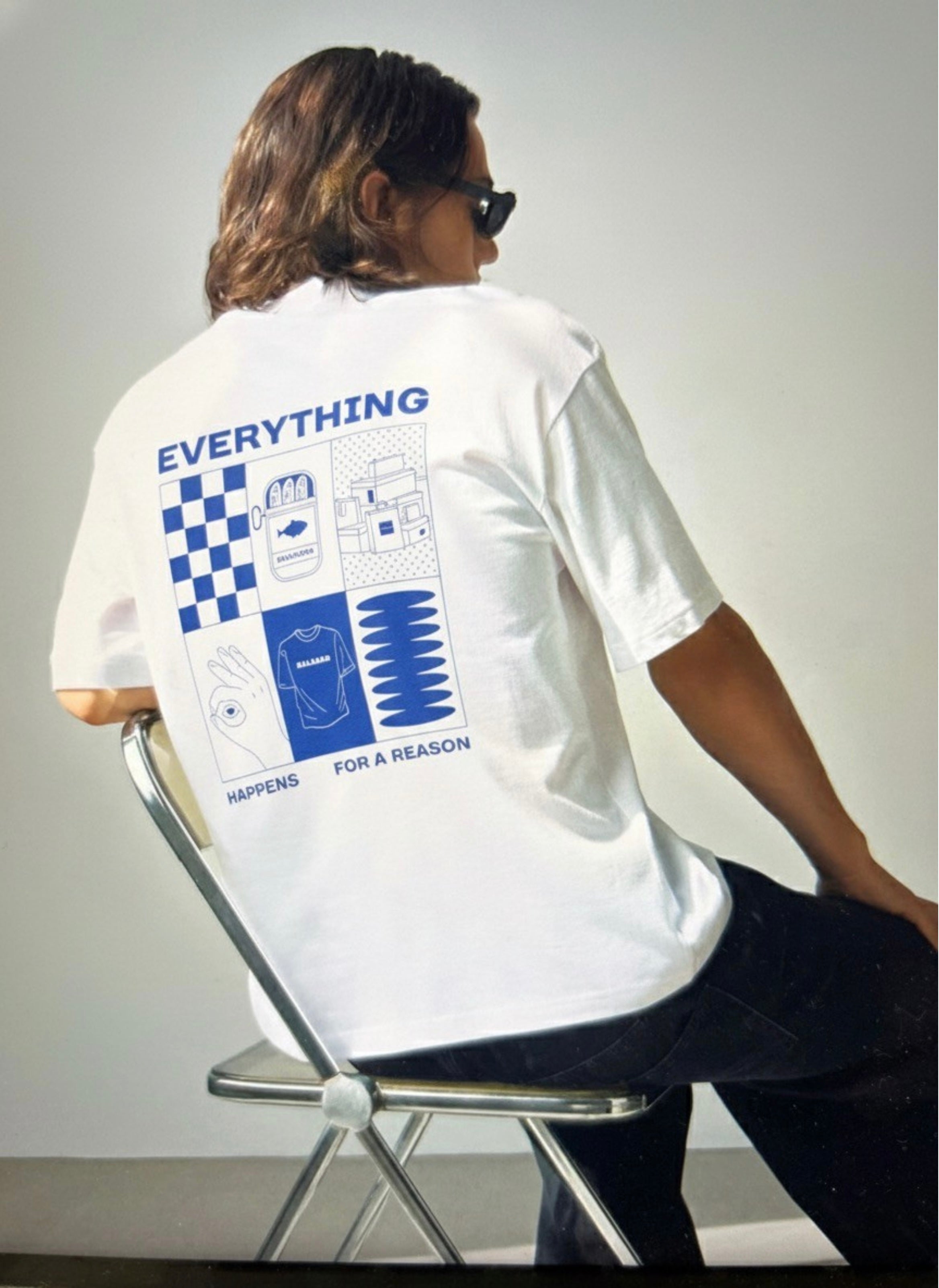 Everything Happens for a Reason Graphic Tee — Rawgrid Blue Checkerboard Back Print