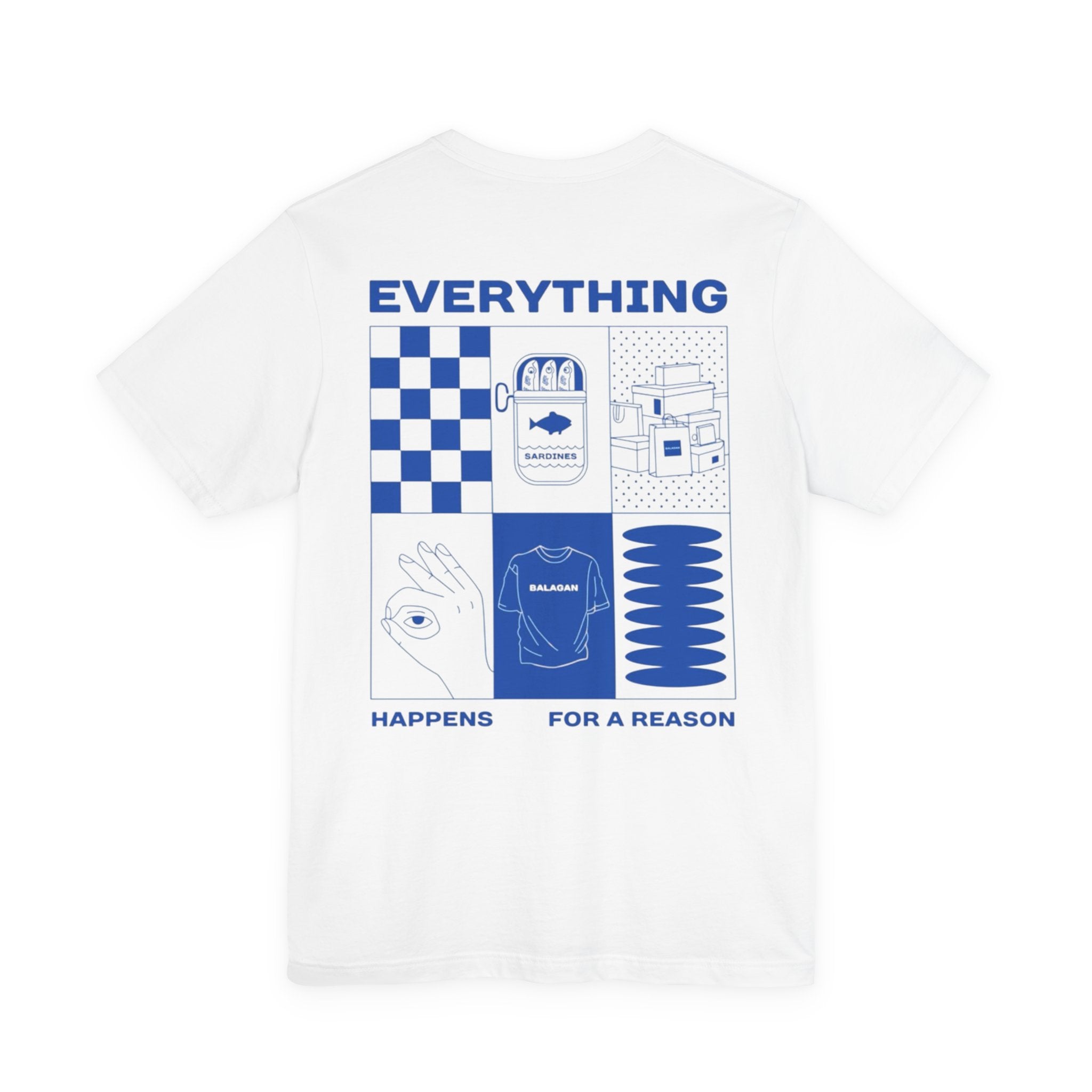 Everything Happens for a Reason Graphic Tee — Rawgrid Blue Checkerboard Back Print